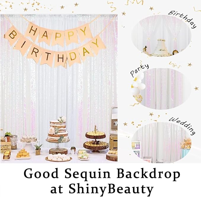ShinyBeauty 4x10ft White Sequin Photography Backdrop | 4 Panels Glitter Sparkly Background Curtain for Weddings, Parties, and Studio Decor