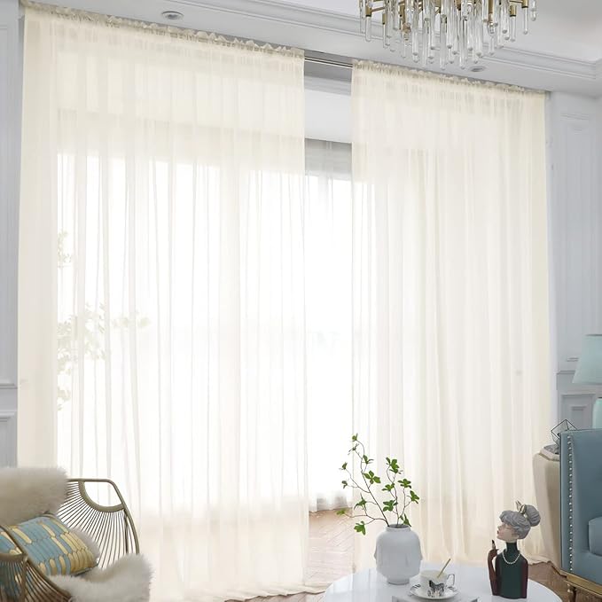 Window Beige Sheer Curtains 108 Inches Long 2 Panels Sheer Curtain Basic Rod Pocket Panel for Bedroom Children Living Room Yard Kitchen (Beige, 52" W x 108" L | 2 pcs)