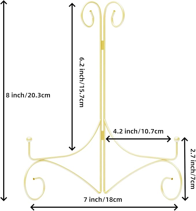 Plate Display Stands with Hinged Folding Design, 8 Inch Picture Frame Stand for Tables, Decorative Easels for Plates, Photos, Cards and Books, 8’’ Gold, 2-Pack