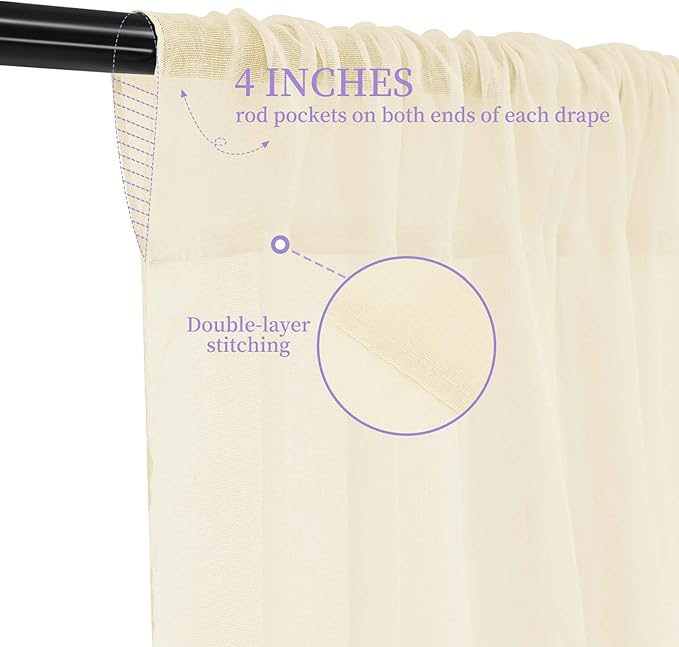 6 Panels Ivory Wedding Curtains - 5ftx30ft, Romantic Cheesecloth Sheer Drapes for Arch, Draping Fabric, Party & Ceremony Staging