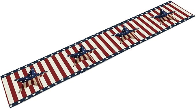 4th of July Table Runner, Patriotic Independence Day American Stars Stripes Flag Print Table Runner for Farmhouse Kitchen Dining Holiday Birthday Party, 13x36inch