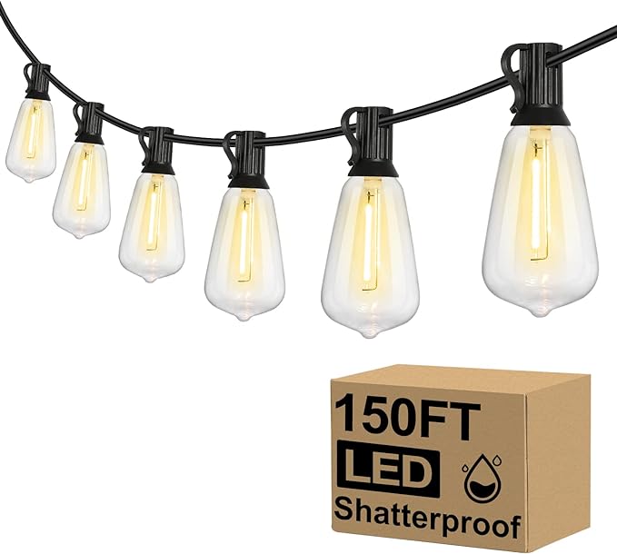 String Lights 150FT Outdoor, 77 Shatterproof Edison Bulbs, Warm Yellow