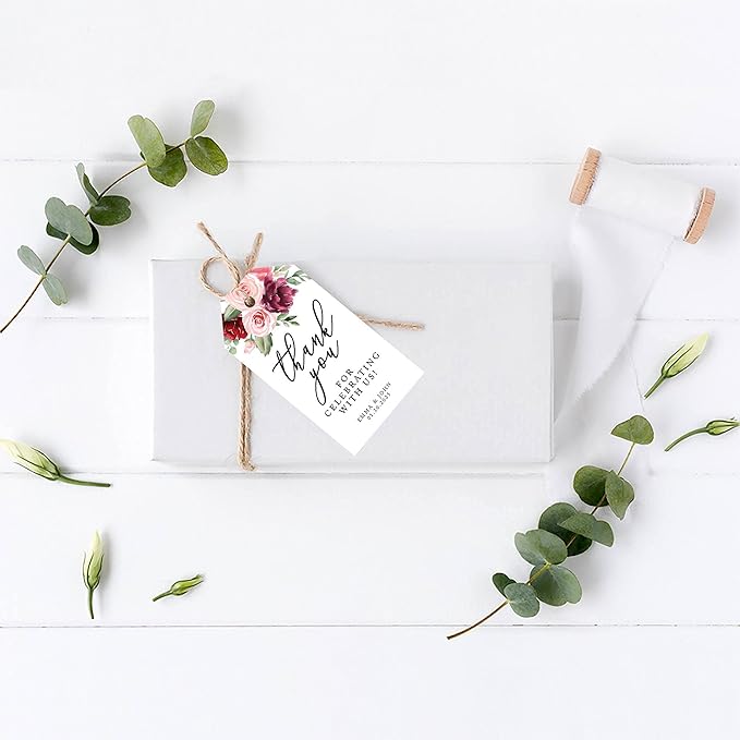Andaz Press 100-Pack Personalized Thank You for Celebrating with Us Wedding Favor Tags with Bakers Twine Pink Burgundy Florals Custom Cardstock Wedding Gift Tags for Party Favors 2 x 3.75-Inches