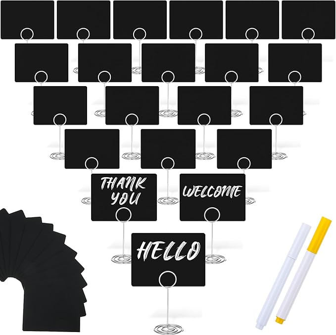 TecUnite 24 Pack Mini Chalkboard Signs, 4"x3" Small Table Place Cards with Metal Stand and 2 Marker Pens Food Labels for Party Buffet, Tabletop Blackboard Signs Name Tags for Wedding Bakery(Sliver)