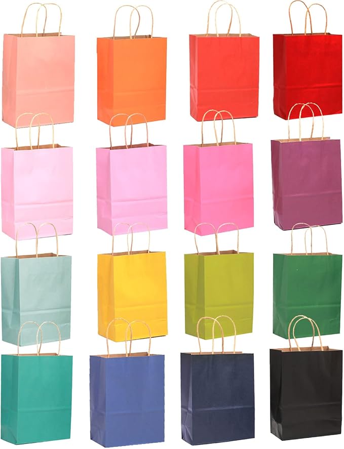 qiqee 100Pcs Medium Size Paper Gift Bags with Handles - 11"x8.3"x4.3" Kraft Small Party Bags - 16 Solid Colors