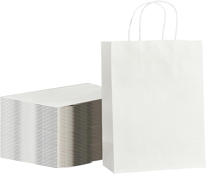 Small White Kraft Paper Gift Bags with Handles, 100 Count