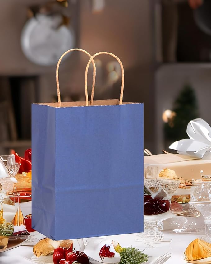 Gift Bags with Handles, Kraft Deep Blue, 13 x 10.3 x 4.6 Inch, 100 Pack