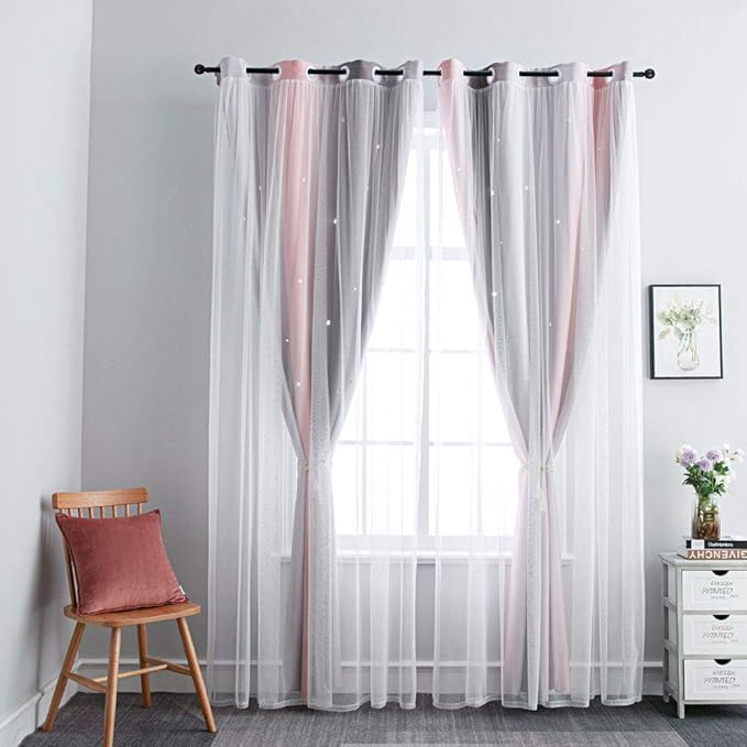 FANLI Ombre Rainbow Blackout Curtains for Kid Girls Bedroom Living Room Darking Stripe Double Layer Star Cut Out Wall Home Decor Gradient Grommet Window Curtains (Pink/Grey, 52W x 95L)