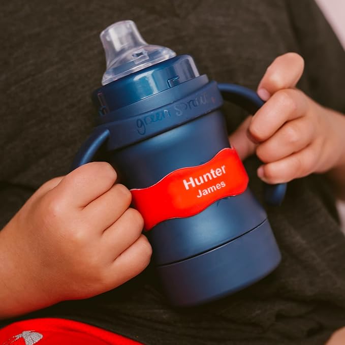 InchBug Orbit Labels - Baby Bottle Name Labels for Daycare, Sippy Cup Bands - Engraved Silicone, Reusable, Dishwasher Safe, White Contrasting Personalization, 4-Pack (Fire Truck Red)