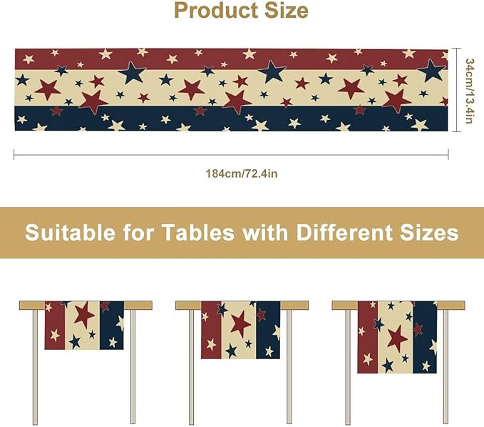 Memorial Day Table Runner, 4th of July American Patriotic Independence Day Stars Stripes Print Table Runne for Summer Holiday USA Home Decoration Party,13x60inch