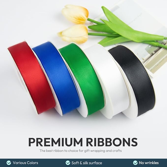 KMER LIFE 1 Inch Wide x 50 Yards Black Single Faced Polyester Satin Ribbon for Wedding Decor, Wreath, Crafts, Gift Wrapping & Other Projects
