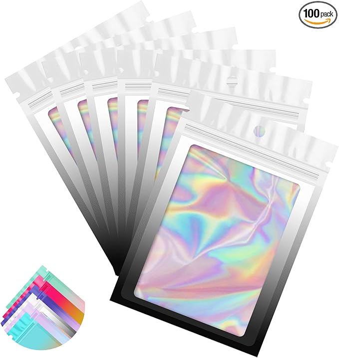 Funfery 100 Pack Gradient Holographic Bags,Resealable Bags with Zipper,Clear Window Packaging Pouchs,Foil Bag for Food Storage,Small Business,Sample Jewelry Bag(3.1×5.1In,White Black)