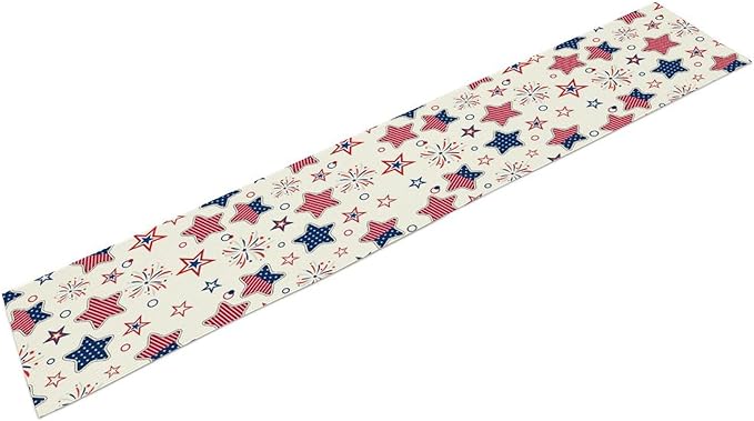 4th of July Table Runner, American Patriotic Independence Day Red Blue White Stars Stripes Fireworks Print Table Runner for Home Party Decor Kitchen Dining Table, 13x108inch
