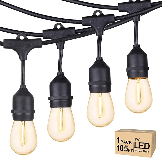 String Lights 105 FT Warm White Patio Bulbs, IP65 Waterproof