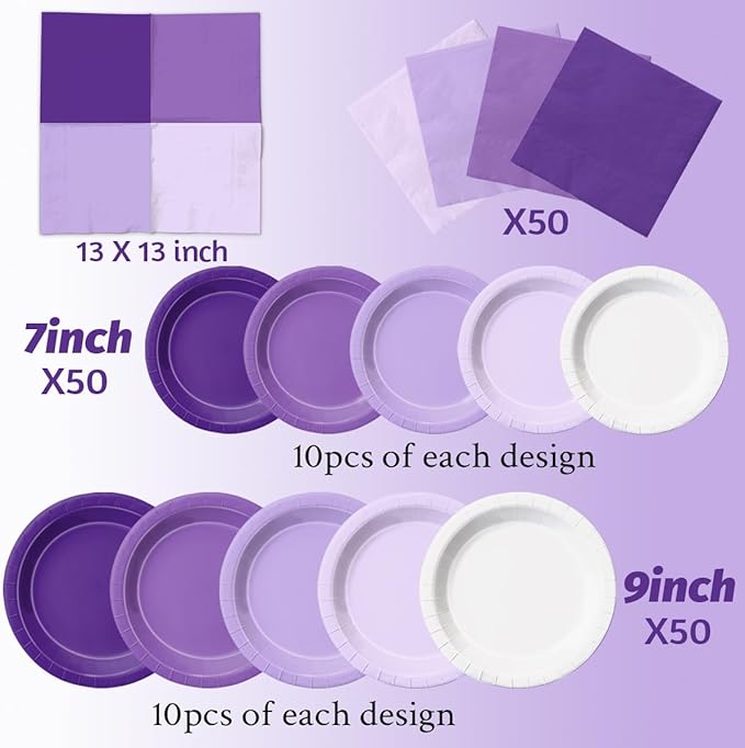Plates and Napkins Party Kit, 150 Pieces, Purple Gradient Paper Tableware