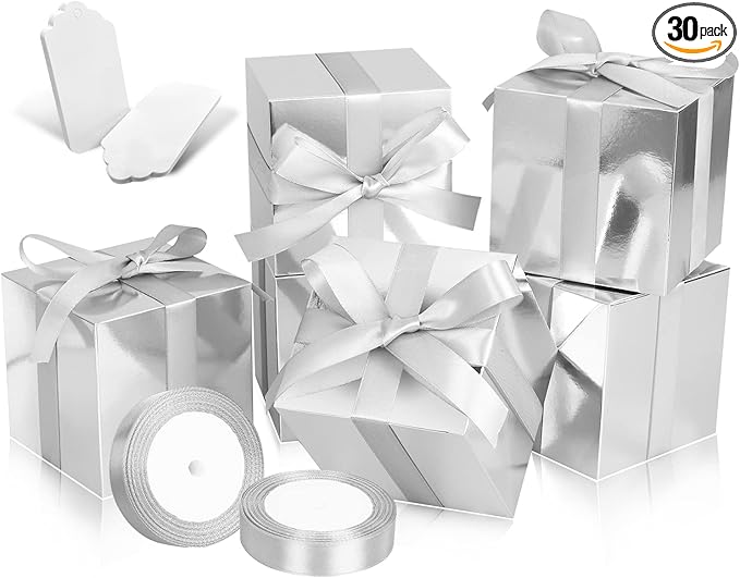 Silver Kraft Paper Favor Boxes 4x4x4 Inch with Ribbon and Tags, 50 Count