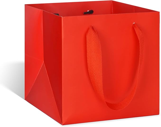 Gift Bags, Red Square Bottom Paper with Handles, 12 x 12 Inch, Pack of 10