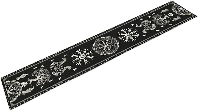 Ancient Abstract Pattern Table Runner, Tree of Life Eagle Dragon Boat Rudder Black and White Table Runner 13x36 Inch