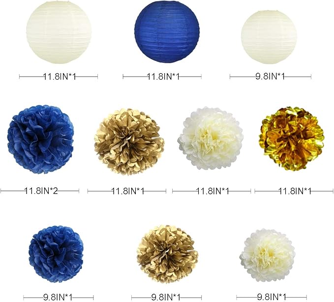 Banners Party Decor Kit, 40 Pieces, Blue and Gold Paper Lanterns, Garlands