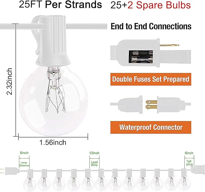 Outdoor String Lights 25 ft with 25 Clear G40 Edison Bulbs, Warm White