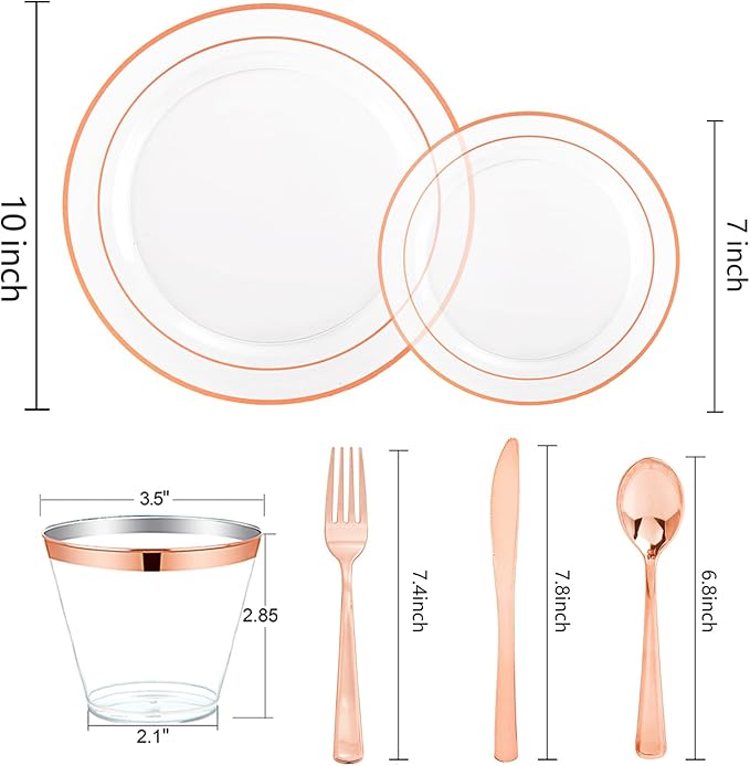Disposable Plates, Clear Plastic with Rose Gold Trim, 150-Piece Set