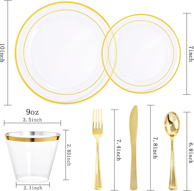 Plastic Plates Set, Clear Gold with Gold Trim, 300 Pieces