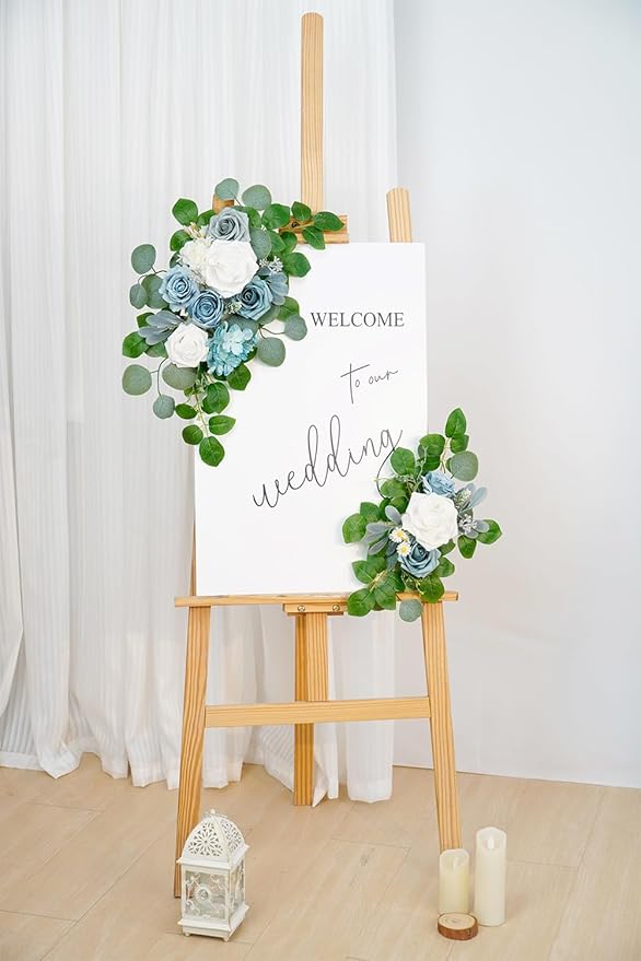 Artificial Flowers Arch Decor, Sky Blue Silk and Foam, Set of 2