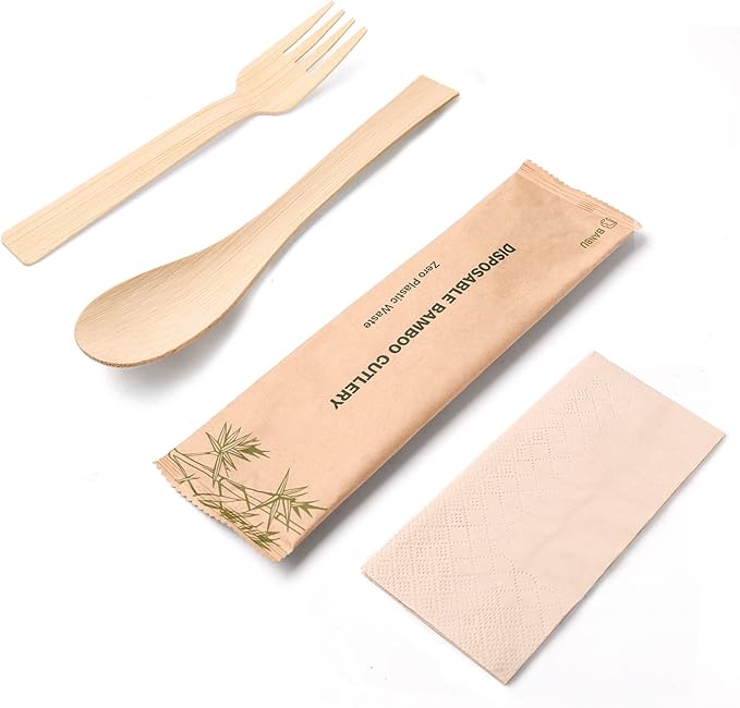 Bamboo Spoon and Fork Set, 198 Pieces with Napkins, Individually Wrapped