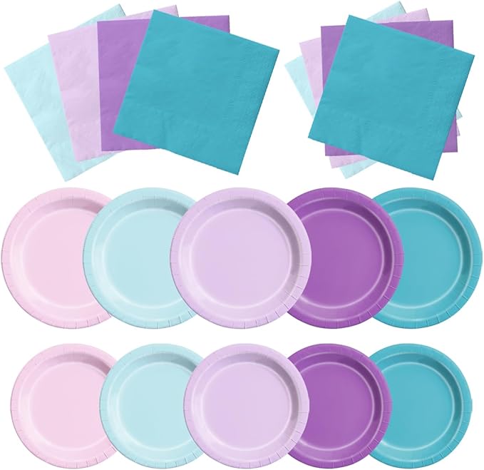 Party Pack Mermaid Paper Plates and Napkins, 150 Pieces in Pink Blue Purple