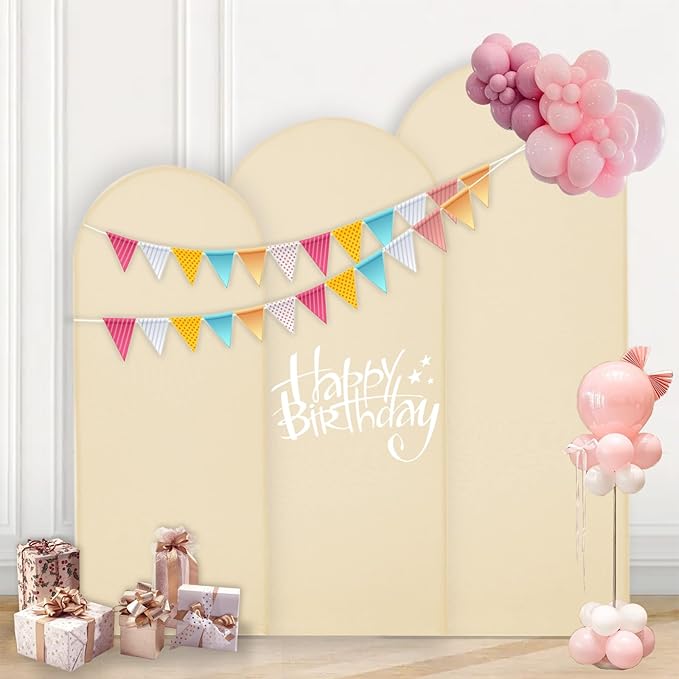 WEERRW Beige Arch Backdrop Cover Ballon Arch Stand Covers Set of 3 Spandex Fitted Round Top Chiara Stretchy Backdrop for Wedding Birthday Party Decoration(6FT, 6.6FT, 7.2FT)
