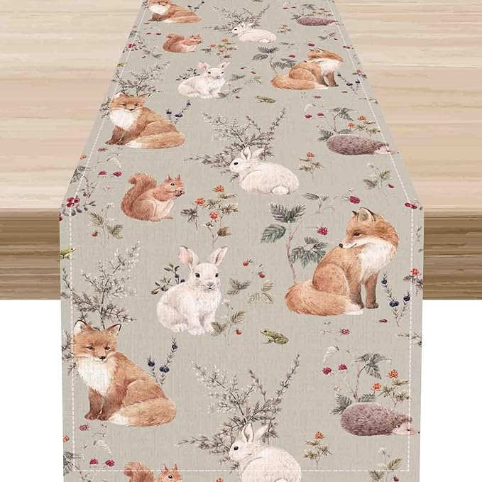 Rustic Woodland Table Runner, Farmhouse Forest Animals Country Lodge Wild Hunt Deer Fox Table Center Decor for Home Kitchen Dining Patio Holiday Party Indoor Outdoor Table Decorations, 13"x108" Inch