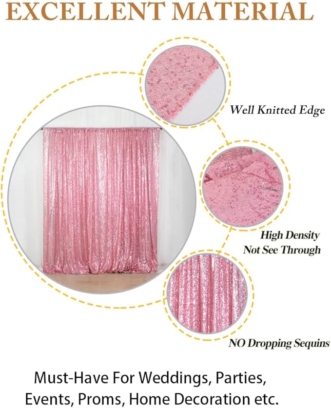 Sequin Backdrop Curtain 8x10 ft Rose Pink with Rod Pocket