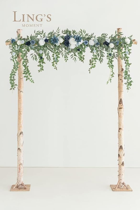 Artificial Flowers Garland, Dusty Blue and Navy Silk, 78 Inch Arch Swag