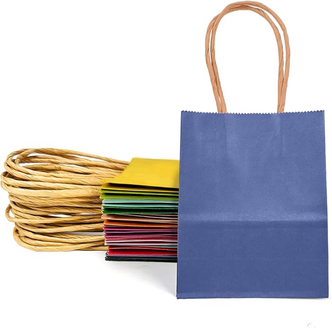 qiqee 100Pcs Mini Size Paper Gift Bags with Handles - 4.5"×2.5"×6" Kraft Small Party Bags - 16 Solid Colors