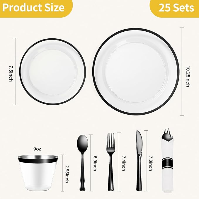 Plates Set for 25 Guests, Black Rim Disposable Plastic Party Tableware