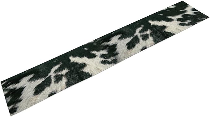 Cow Skin Print Table Runner, Rustic Country Farm Fur Skin Cowhide Pattern Western Style Black White Print Table Runner for Home Kitchen Dinning, 13x120 Inch