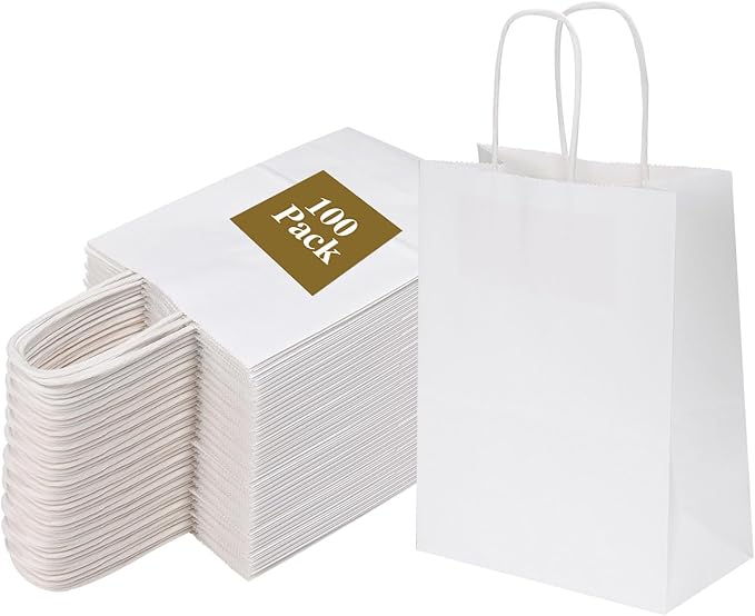 Gift Bags, White Paper, 6 x 3.25 x 8 Inch, Pack of 100