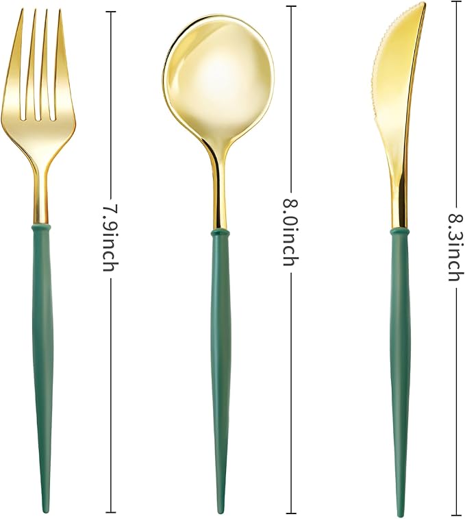 Disposable Gold Plastic Spoons, 150 Count, Green Handles