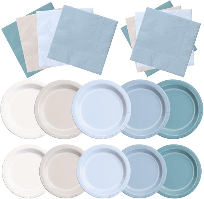 Plates Set, Dusty Blue Paper Party Plates and Napkins, 150 Pieces