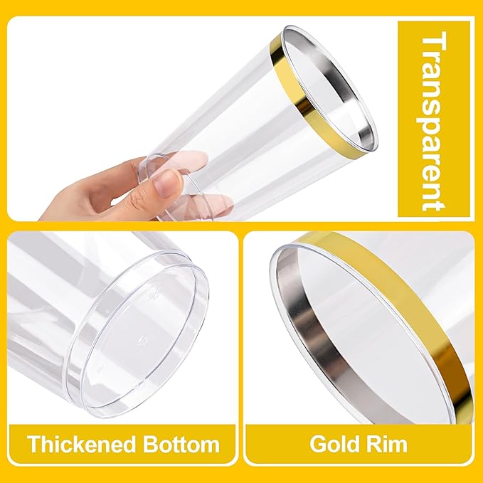 Disposable Plastic Party Cups, 12 oz Clear with Gold Rim, 100 Count