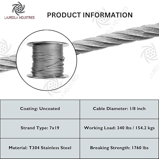 Laureola 1/8" 7x19 Stainless Steel Aircraft Wire Rope 304 Grade (600ft)