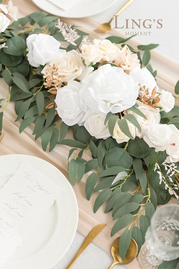 Ling's Moment Flower Garland - 6FT Eucalyptus & Rose - Sweetheart Table Decor for Wedding Reception, Artificial Silk Floral Garland for Mantle, Spring, Garden Christmas Decoration, White Beige