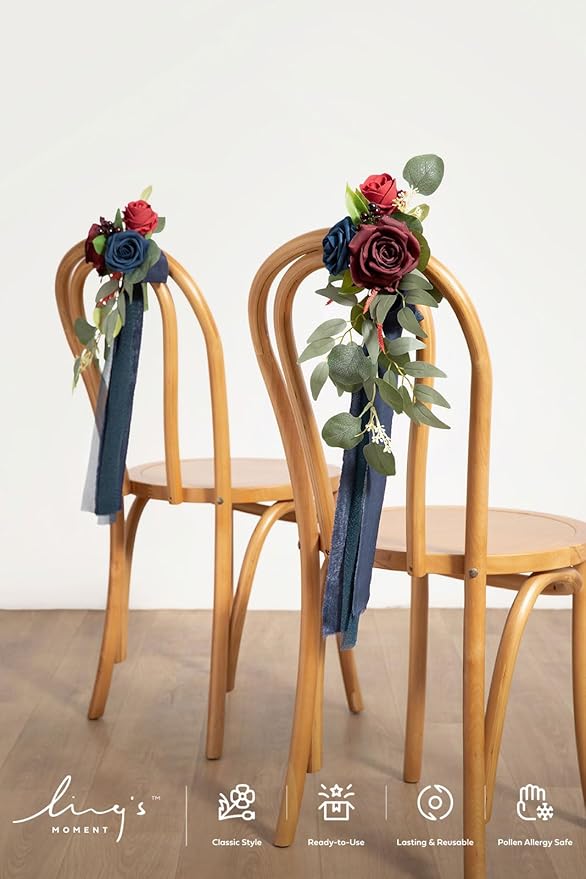 Artificial Flowers for Chairs, 8 Pack Burgundy and Navy Wedding Pew Decor