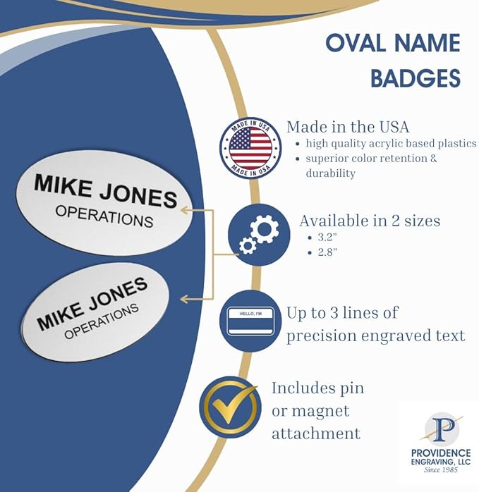 Custom Engraved Name Tag Badges – Personalized Identification with Pin or Magnetic Backing, 3.2 Inch Oval, Blue/White