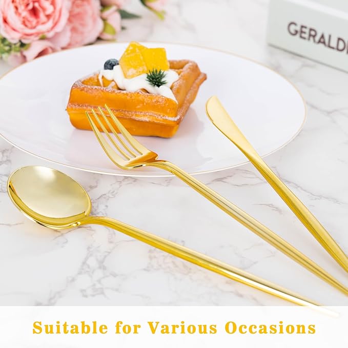 Forks, Knives and Spoons Set: 150 Gold Plastic Pieces, Heavy Duty
