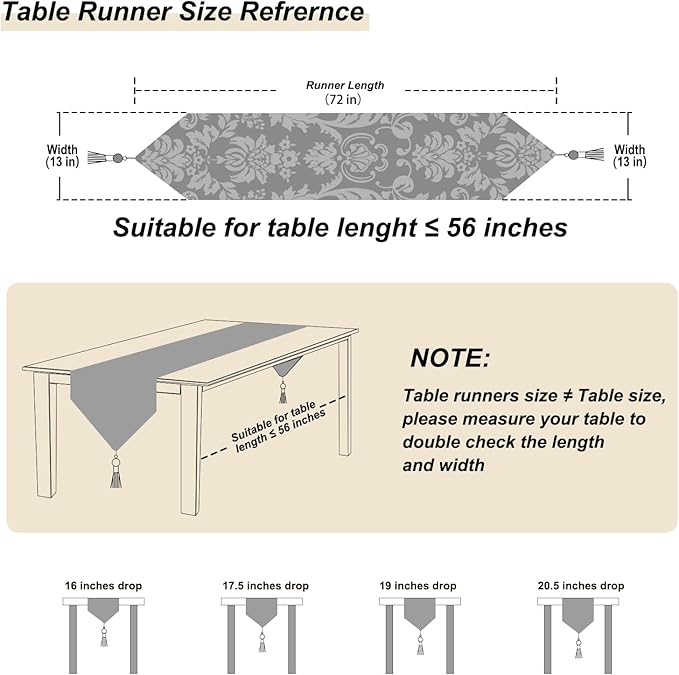 HeMiaor Jacquard Damask Table Runner Chenille Flowery with Delicate Tassel Luxurious Decoration 13"x72" Beige