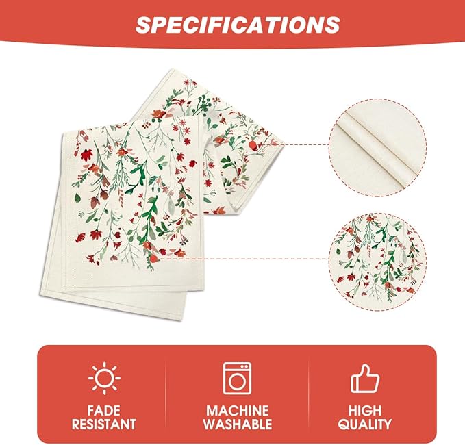 Artoid Mode Floral Leaves Christmas Table Runner, Wild Flowers and Grasses Winter Kitchen Dining Table Decoration for Home Party Decor 13x48 Inch