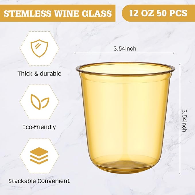 Disposable Plastic Cups, 12 oz Clear Stemless Wine Glasses, 50 Pack