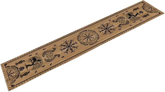 Viking Tree of Life Table Runner, Wooden Printed Eagle Dragon Boat Rudder Seasonal Kitchen Dining Table Decoration for Home Party 13x36 Inch
