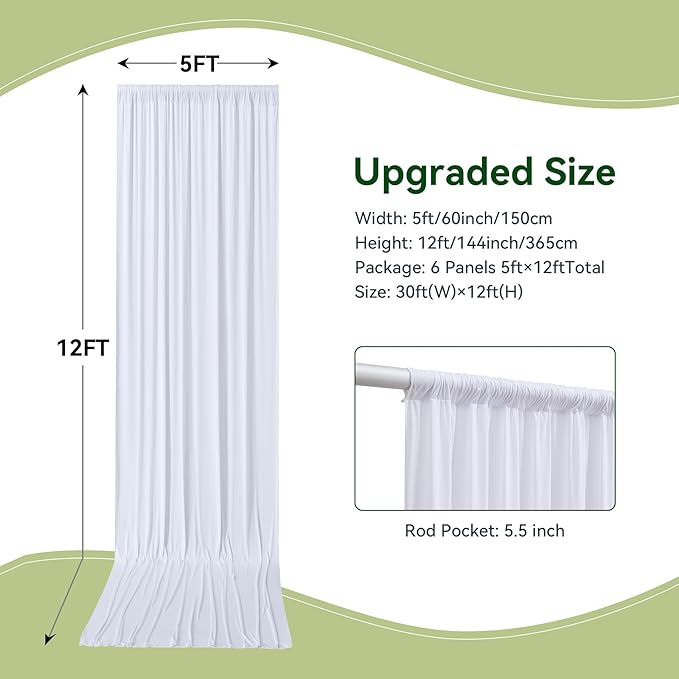 30×12 ft White Wrinkle Free Backdrop Curtain, Soft Silky Easy to Drape Wedding Drapes for Backdrop, 6 Panels 12ft Long Backdrop Curtains for Parties Birthday Baby Shower Photo Photography Backgrounds